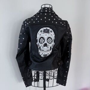 ZARA Studded Skull Embroidered Black Leather Moto Jacket | XS